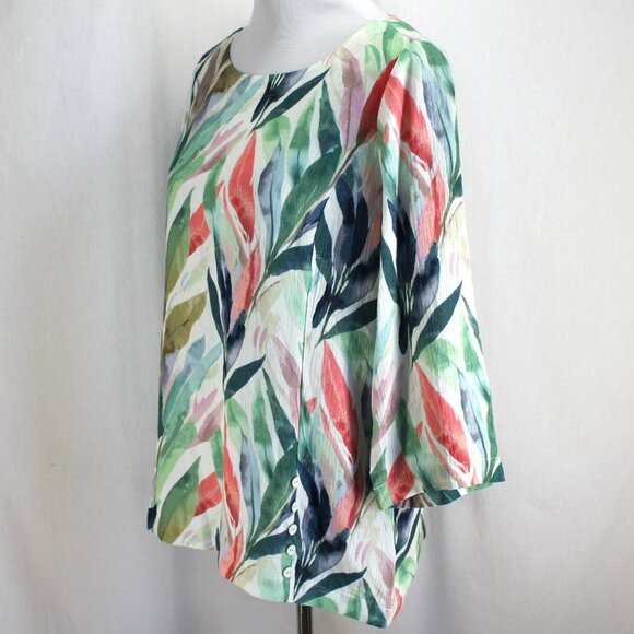 Soft Surroundings Oceo Gauze Tunic Top Size M Watercolor Leaf Print 3/4 Sleeve - Picture 3 of 7